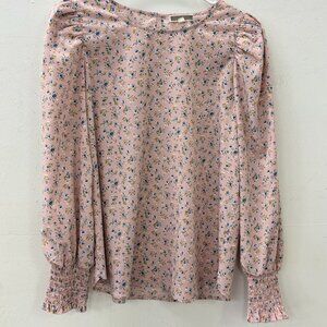 Pink Floral Long Sleeve Top with Puff Sleeves Ruched at Wrist